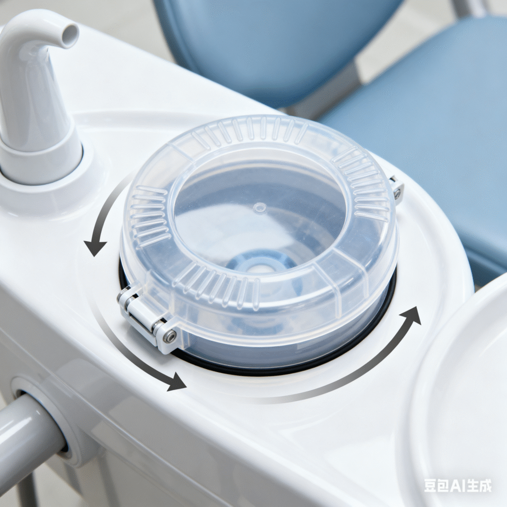 An easy-to-access filter, a design feature that simplifies dental chair maintenance.