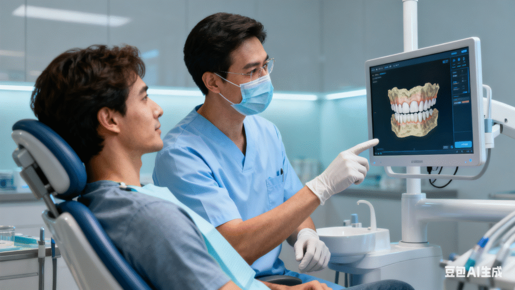 An integrated monitor on a dental chair improving the patient experience through education and transparency.