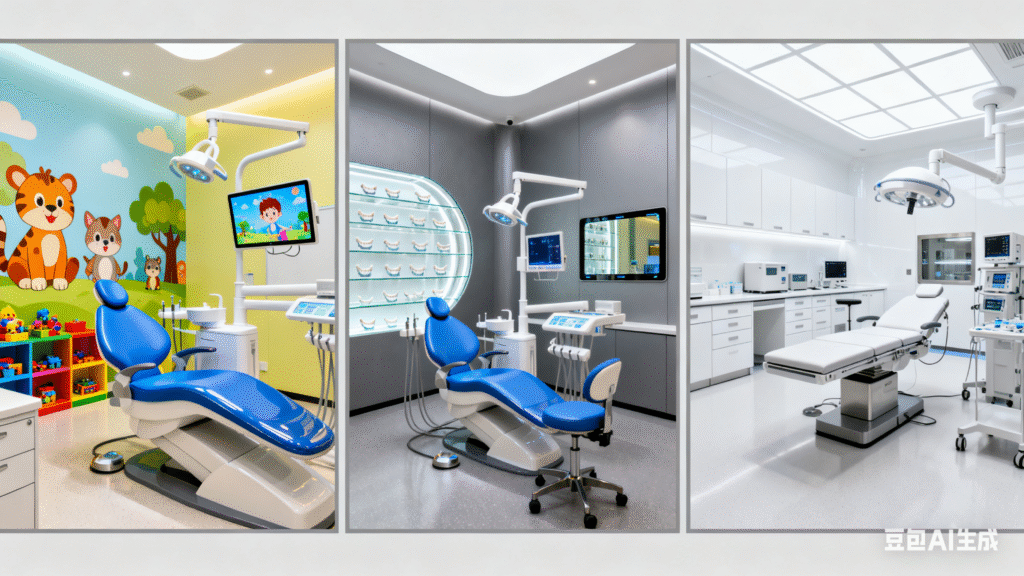 A variety of dental chairs for specialists, including pediatric, orthodontic, and surgical models.