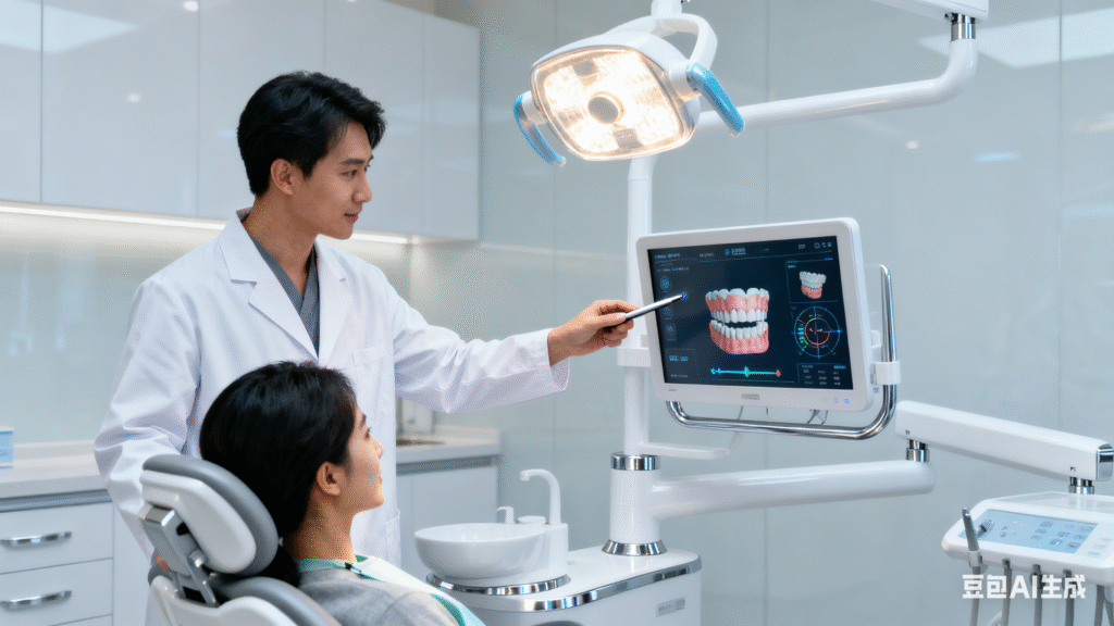 A dentist and patient looking at a monitor, an example of integrated dental operatory equipment.