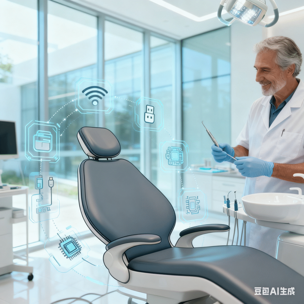 A graphic illustrating the key components of a future-proof dental chair, including technology and durability.