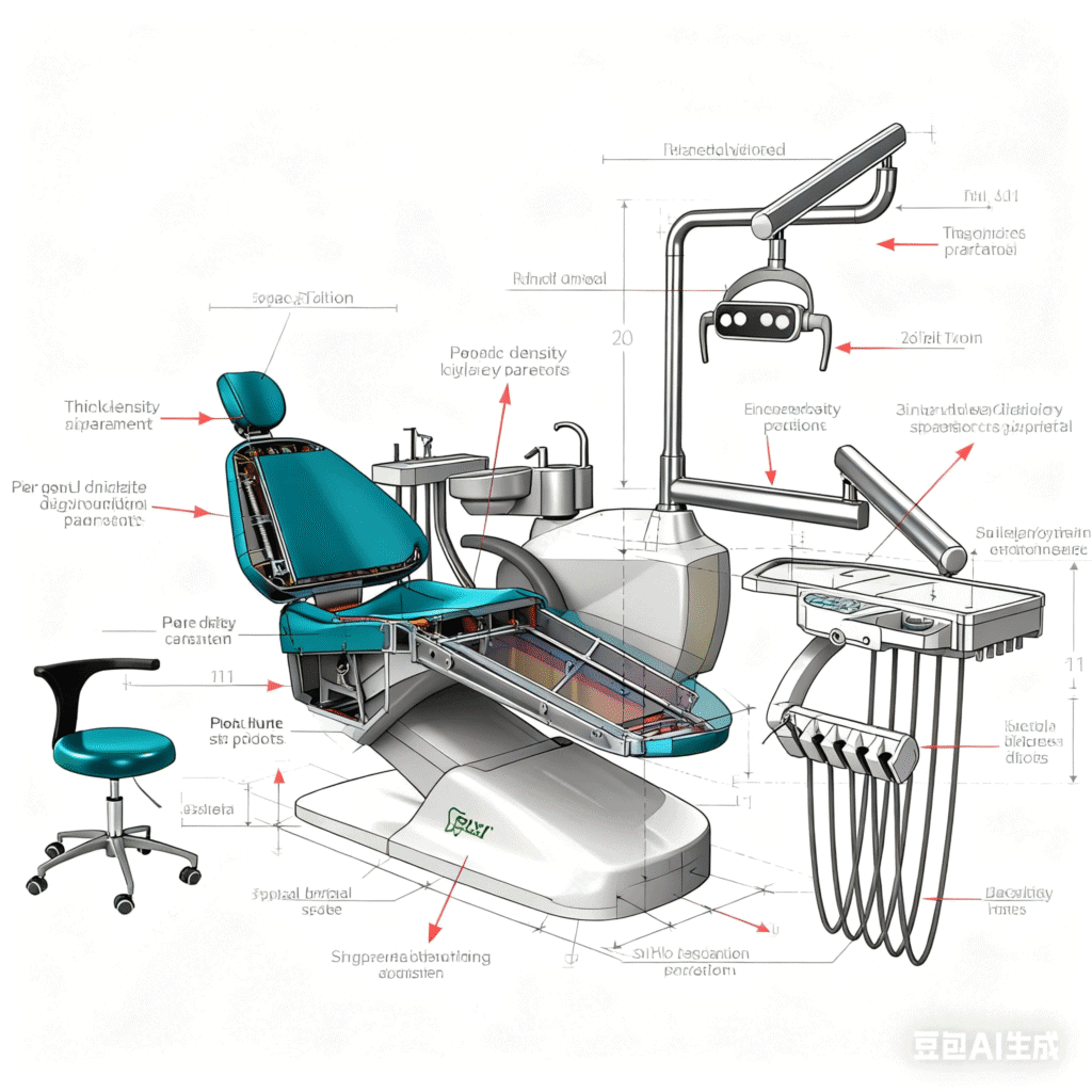 A diagram showing the high-quality dental chair materials used in the frame, upholstery, and tubing.