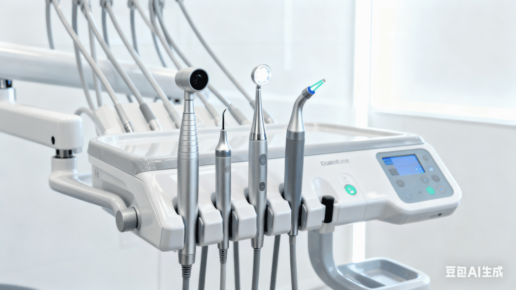 A close-up of integrated dental chair accessories, including a camera and scaler, on a delivery system.
