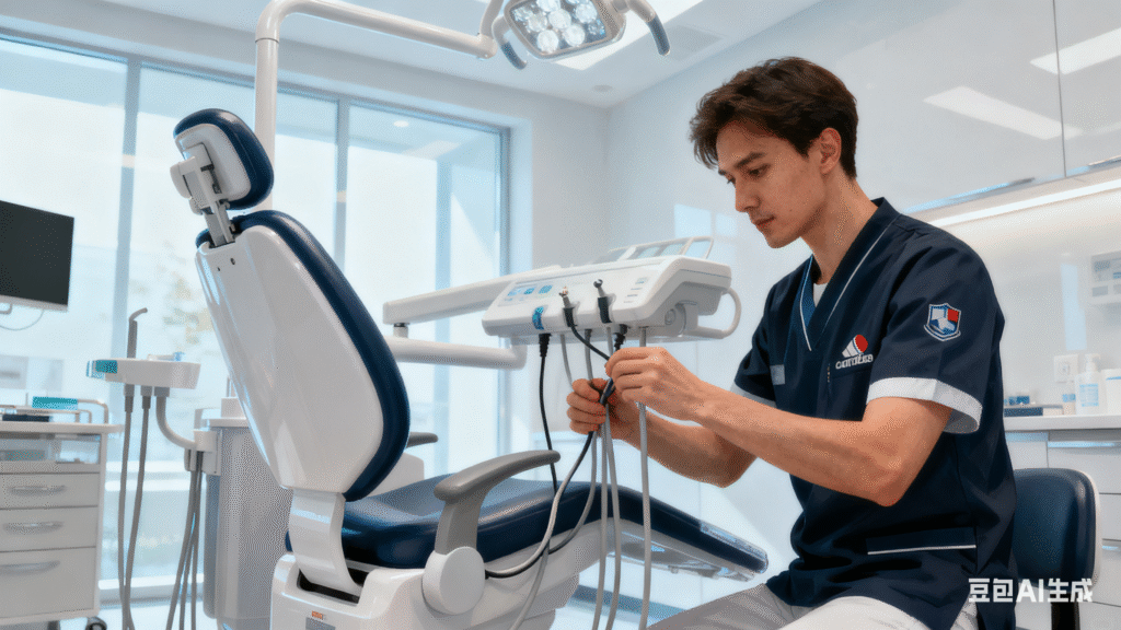 A certified technician performing a professional dental chair installation in a dental clinic.