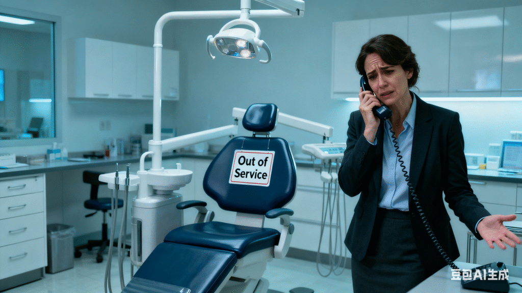 A broken chair illustrating the importance of dental chair reliability to prevent clinic downtime.