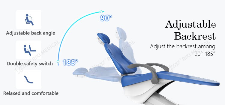 Blue R1 dental chair upholstery shown with the adjustable backrest