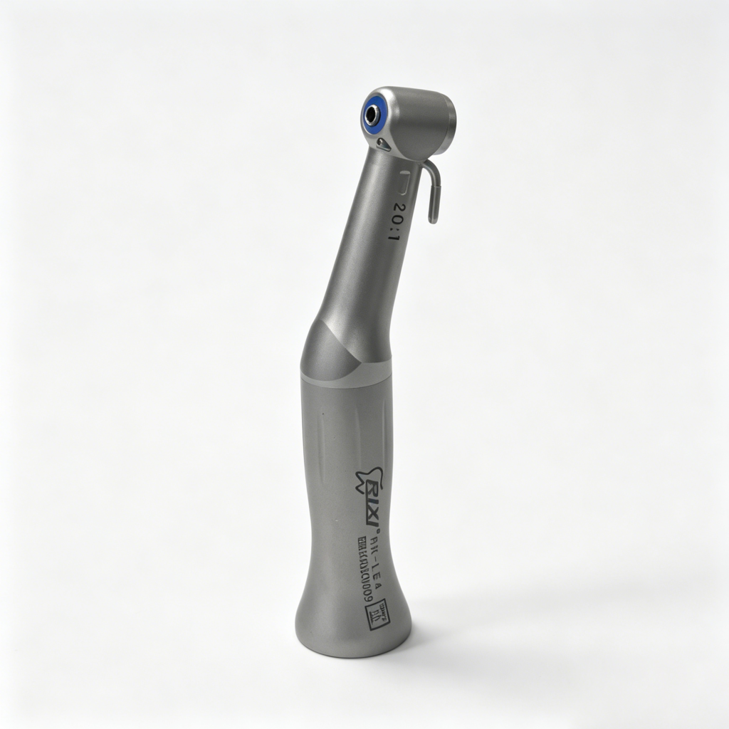 Side view of a RIXI contra-angle handpiece with a green identification band and irrigation connection