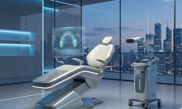 Futuristic 2026 digital dental clinic with Rixi R5 chair and RX-IS-1 scanner