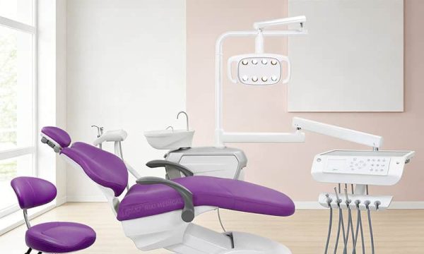 Purple R3 dental chair showing the full upholstered headrest, backrest and seat