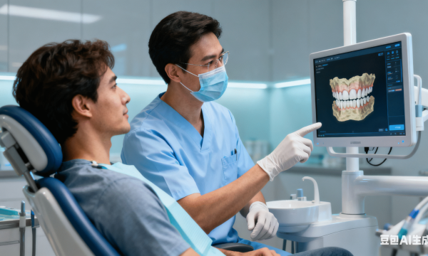 An integrated monitor on a dental chair improving the patient experience through education and transparency.
